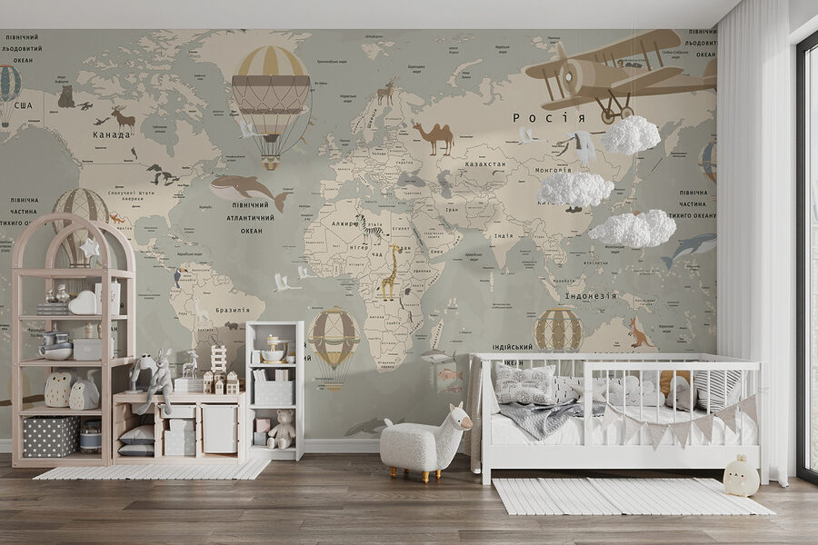 Mapa del mundo con aviones y animales Mapa del mundo con aviones y animales