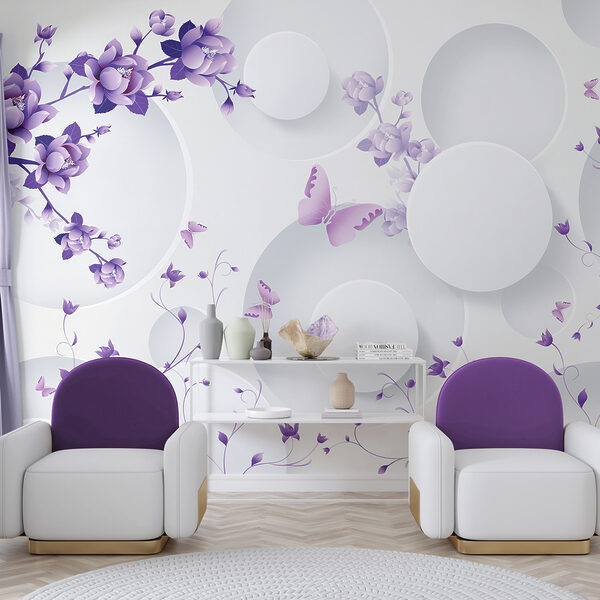 Flores moradas y círculos blancos con mariposas moradas Flores moradas y círculos blancos con mariposas moradas
