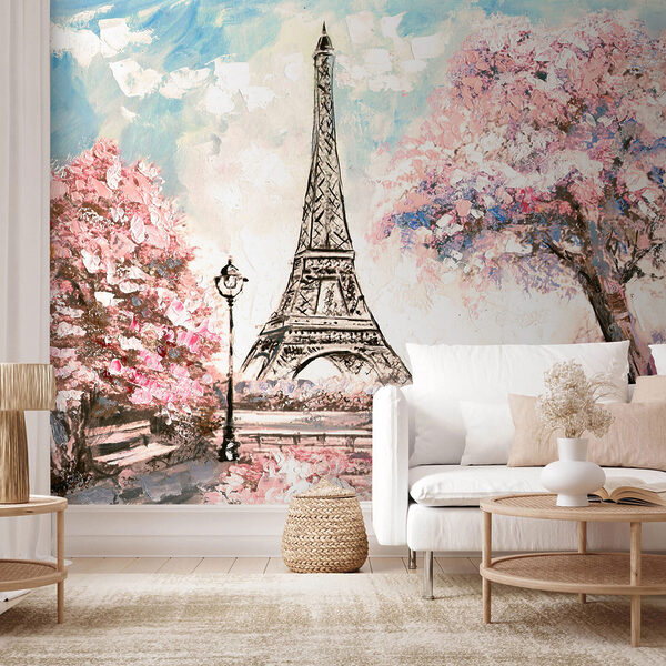 Pintura de una torre con flores rosas Pintura de una torre con flores rosas