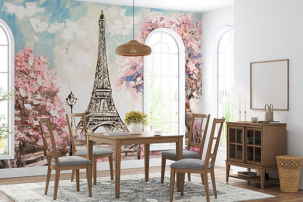 Pintura de una torre con flores rosas Pintura de una torre con flores rosas