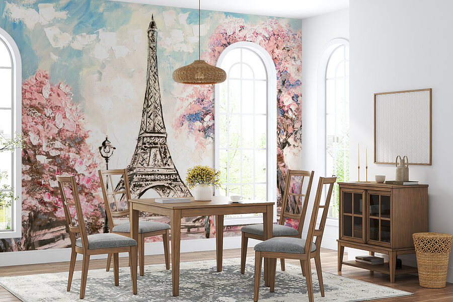 Pintura de una torre con flores rosas