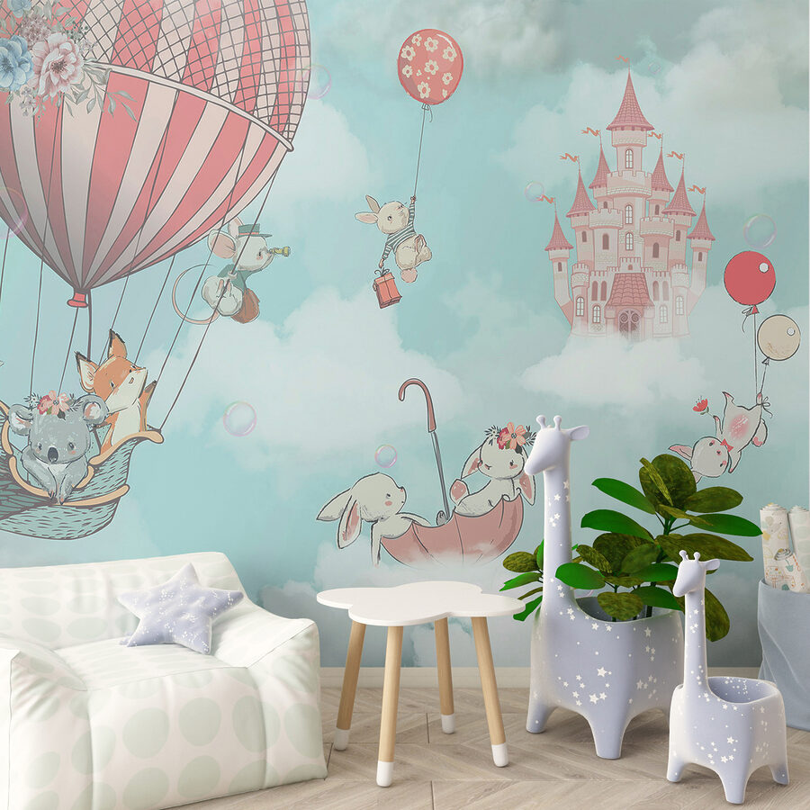 Dibujo animado de animales en un globo aerostático