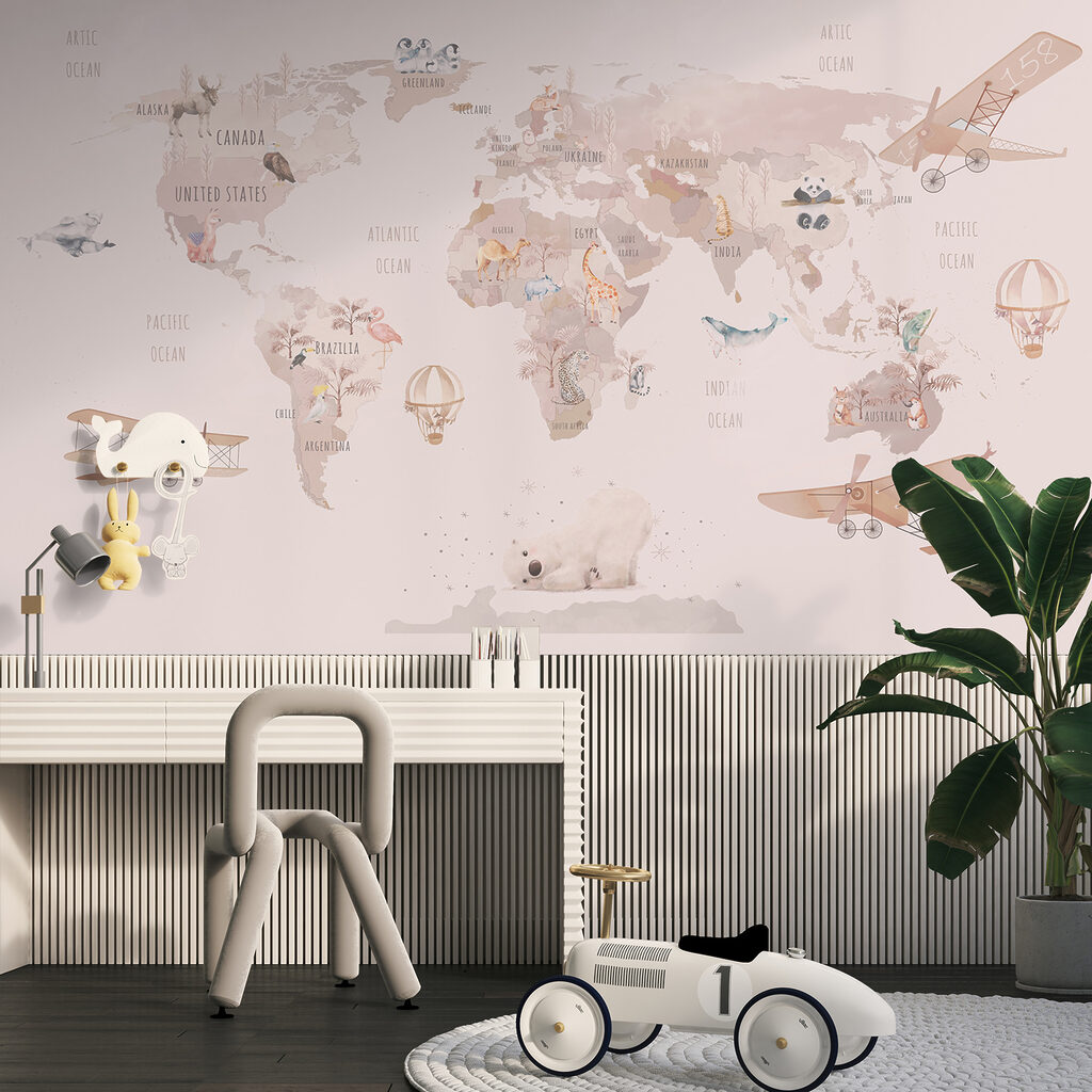 Map of the world with airplanes and polar bears