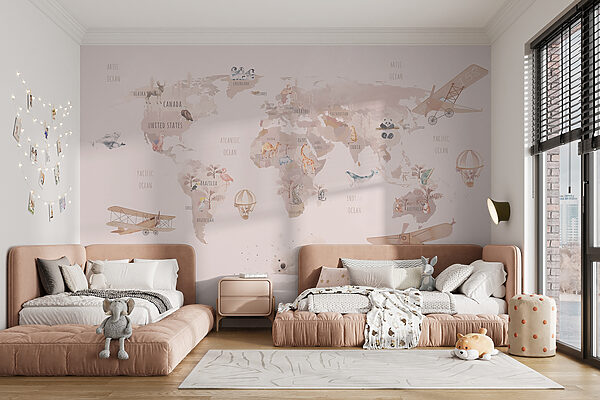 Map of the world with airplanes and polar bears