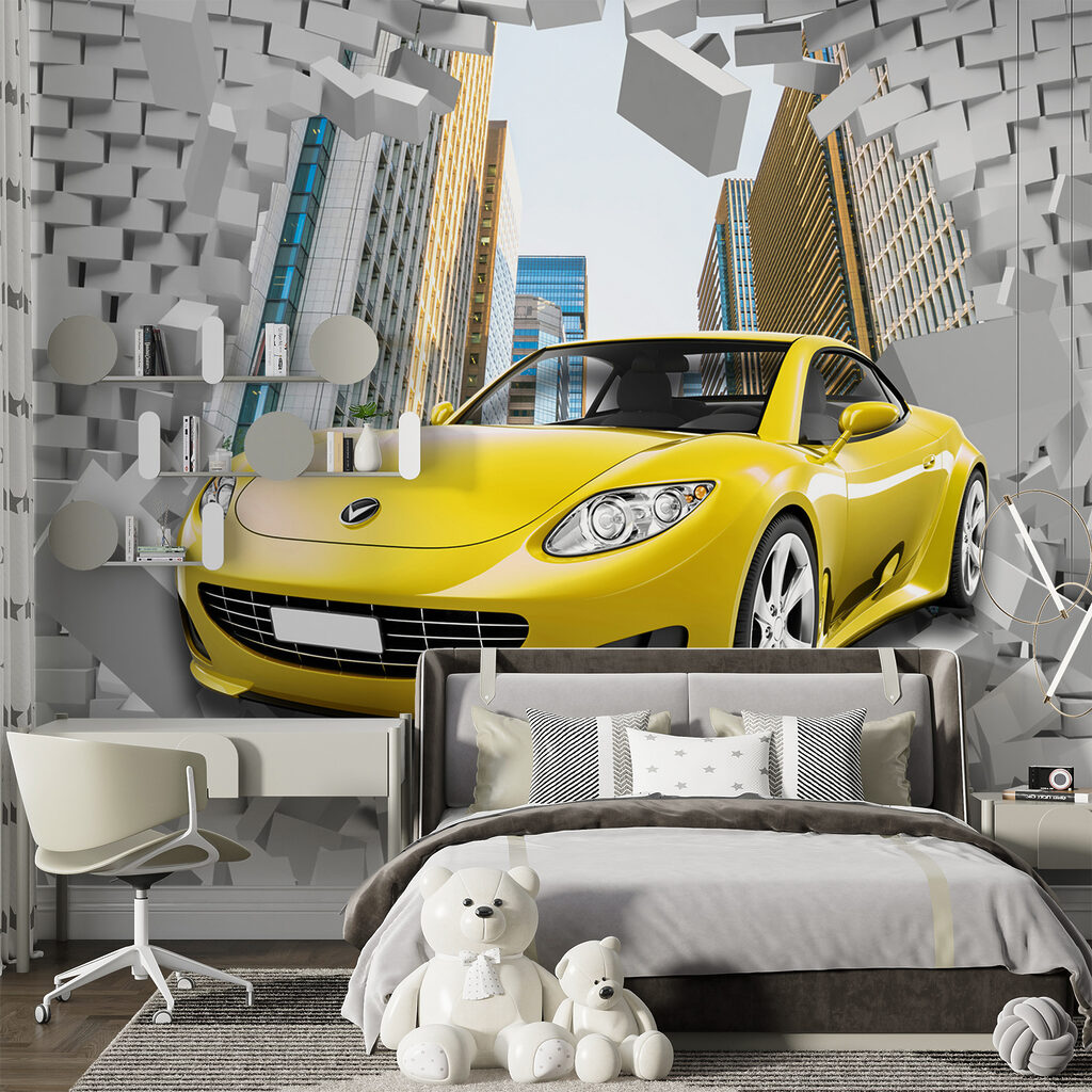 Yellow car in a wall of bricks