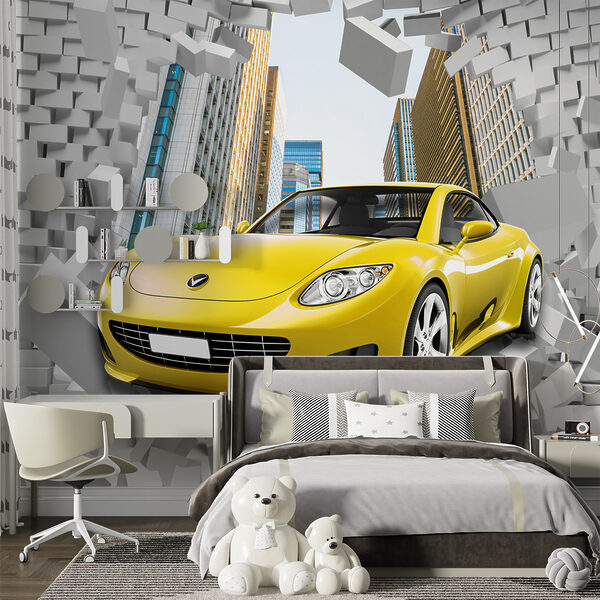 Coche amarillo en un muro de ladrillos Coche amarillo en un muro de ladrillos