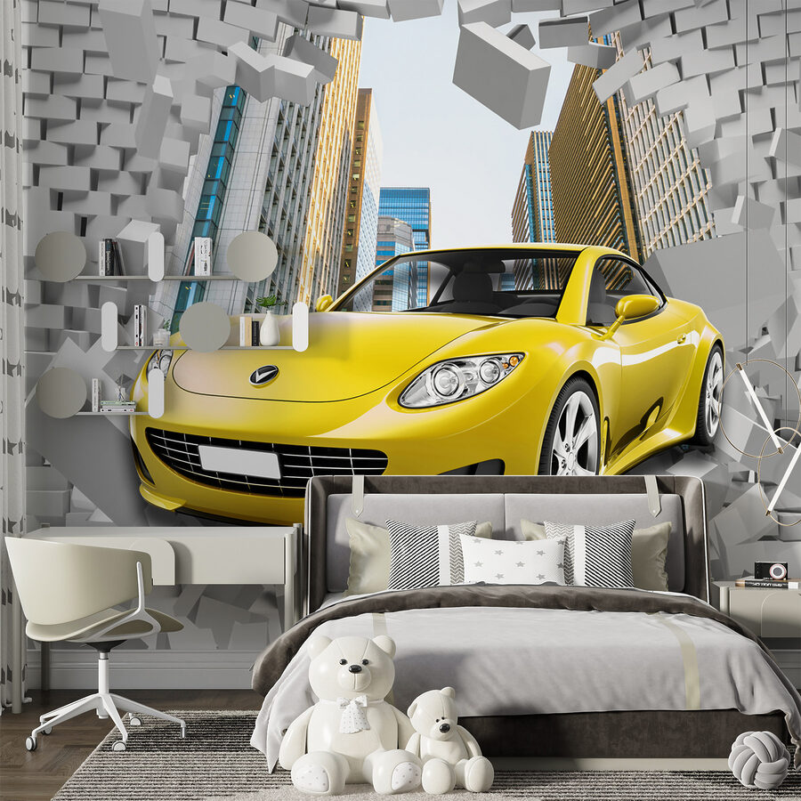 Coche amarillo en un muro de ladrillos