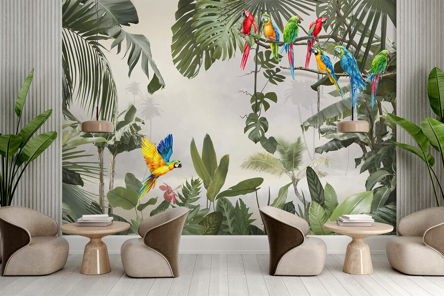 Grupo de pájaros de colores en la rama de un árbol