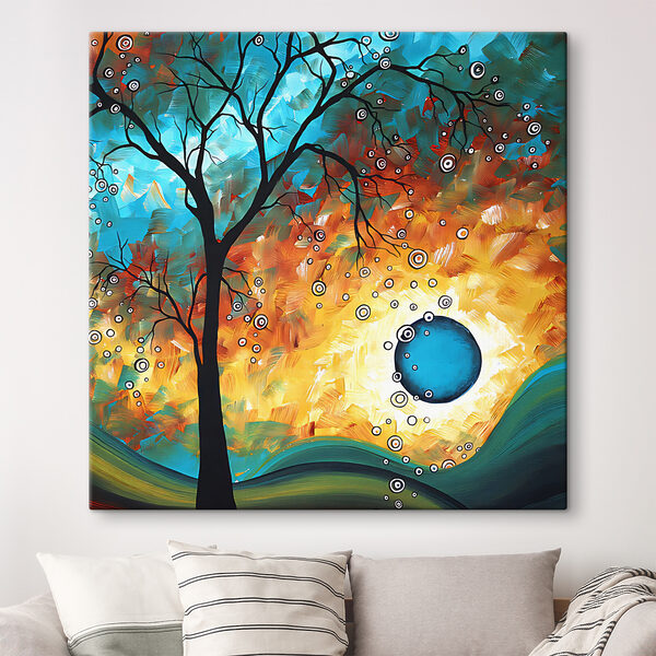 A painting of a tree and a sunset
