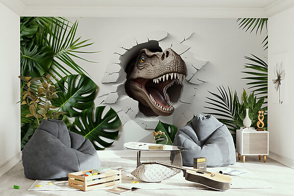 Cabeza de dinosaurio saliendo de un agujero en la pared Cabeza de dinosaurio saliendo de un agujero en la pared