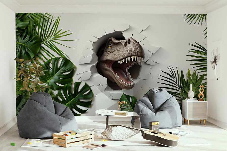 Cabeza de dinosaurio saliendo de un agujero en la pared