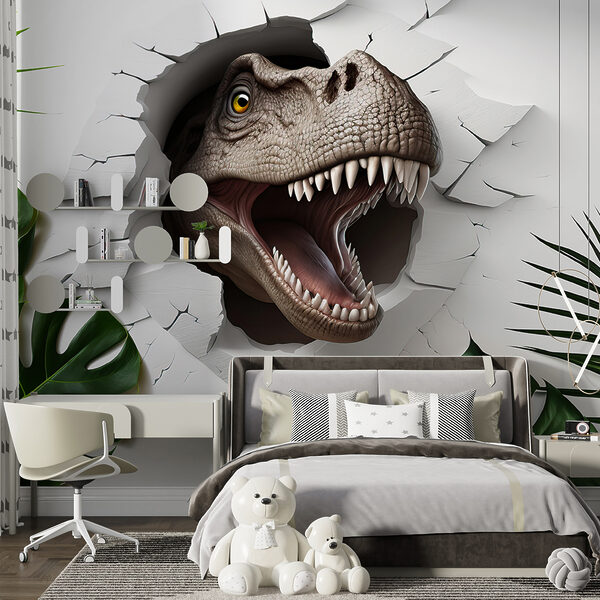 Cabeza de dinosaurio saliendo de un agujero en la pared Cabeza de dinosaurio saliendo de un agujero en la pared