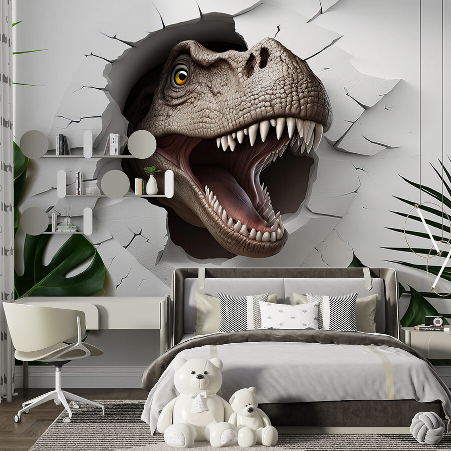 Cabeza de dinosaurio saliendo de un agujero en la pared