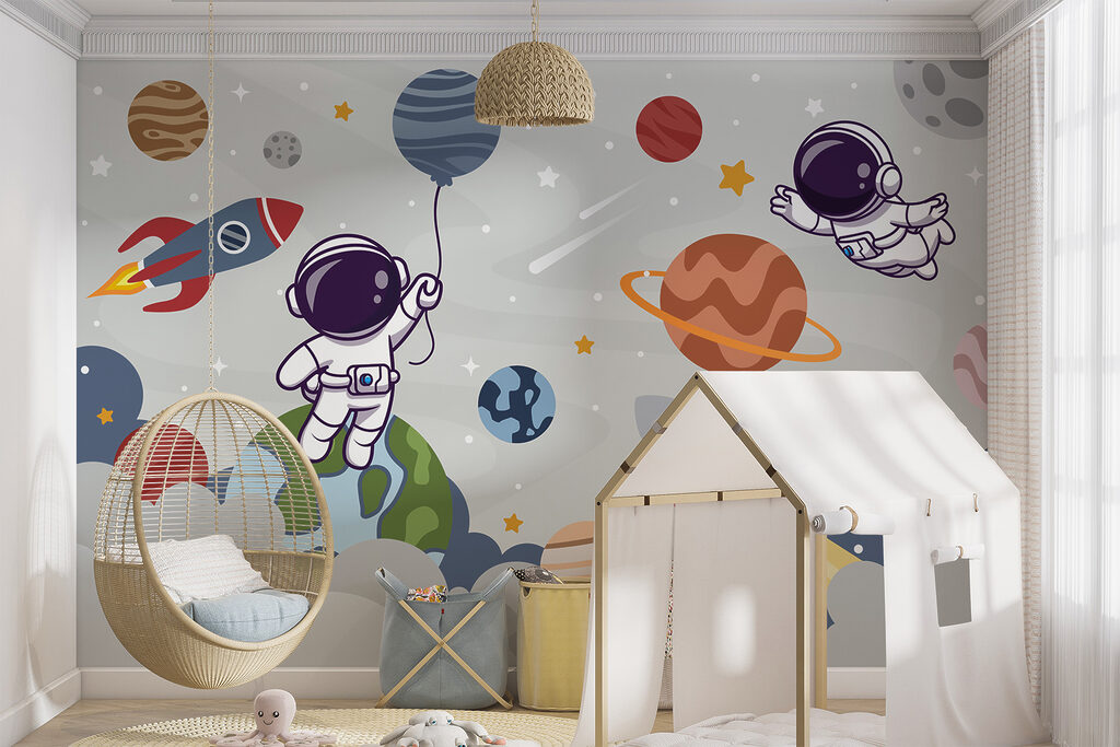 Cartoon astronaut in space with planets and rocket flying in the sky