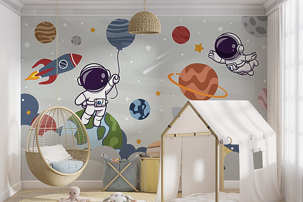 Astronauta de dibujos animados en el espacio con planetas y cohete volando en el cielo Astronauta de dibujos animados en el espacio con planetas y cohete volando en el cielo