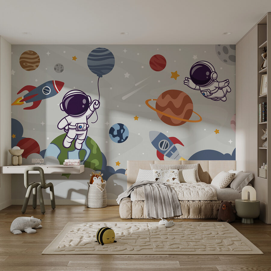 Fotomurales Astronauta de dibujos animados en el espacio con planetas y cohete volando en el cielo - Imagen 6