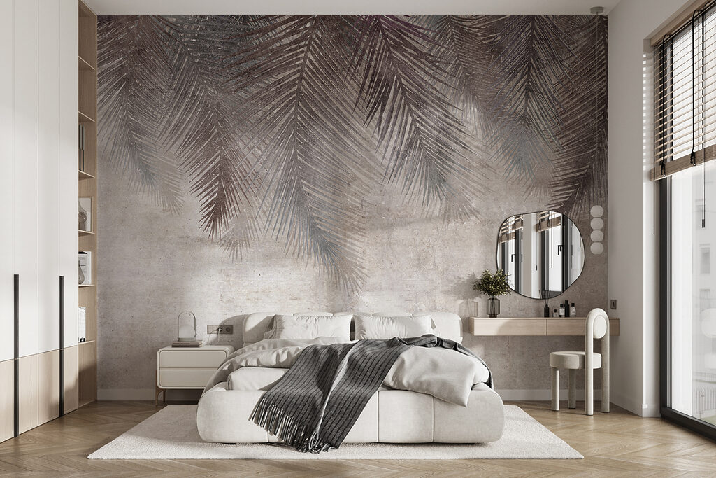 Muted palm leaves on textured background