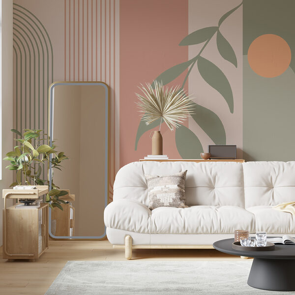 Green and pink lines and a leaf