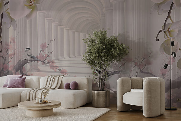 Arco blanco con columnas y pájaros blancos Arco blanco con columnas y pájaros blancos