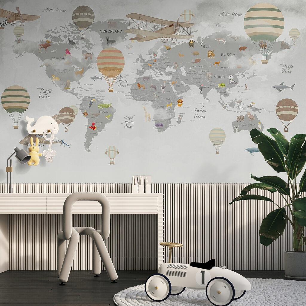 Map of the world with animals and hot air balloons