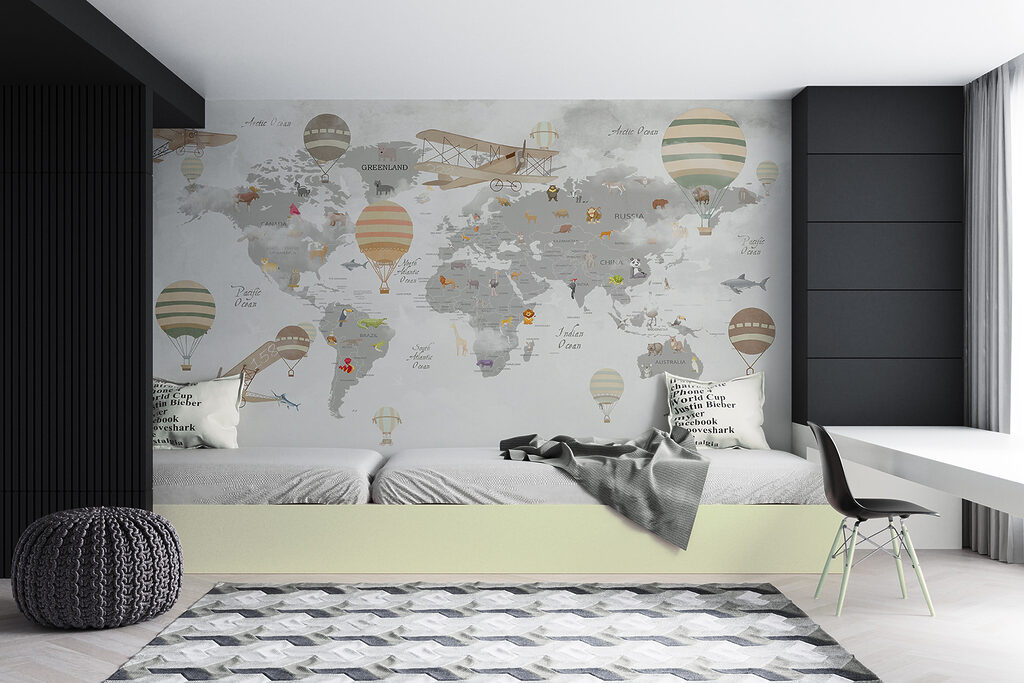 Map of the world with animals and hot air balloons