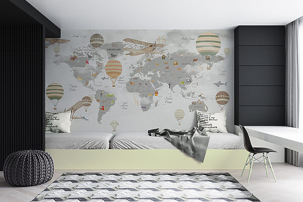 Mapa del mundo con animales y globos aerostáticos Mapa del mundo con animales y globos aerostáticos