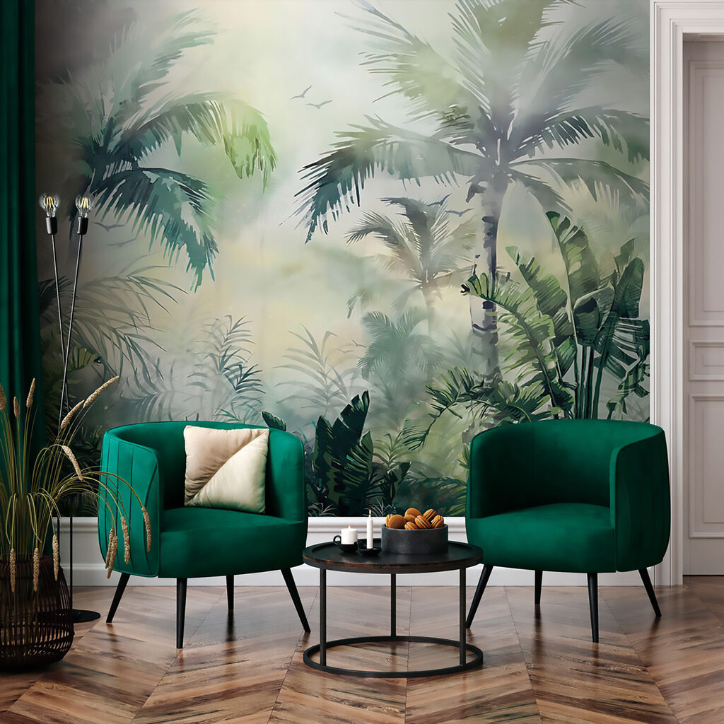 Foggy forest with palm trees