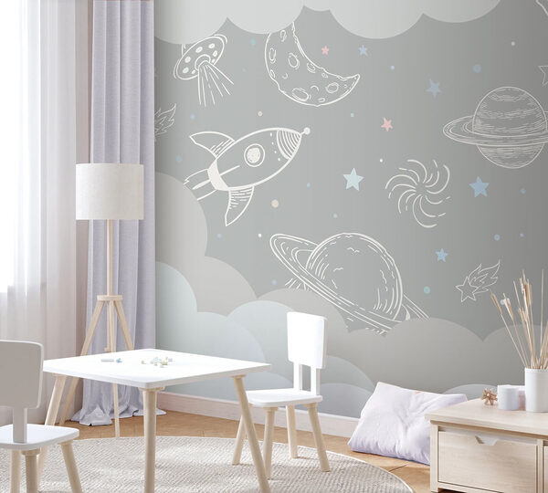 Fondo gris con nubes y cohetes Fondo gris con nubes y cohetes