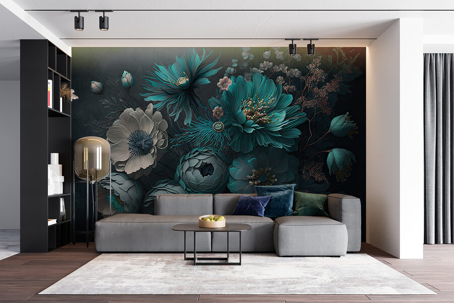 Elegante arreglo floral en tonos fríos.