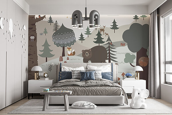 Cartoon of a bear and rabbit in a forest Cartoon of a bear and rabbit in a forest