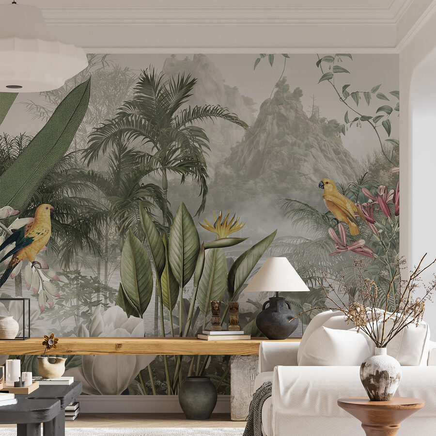 Grupo de plantas y aves