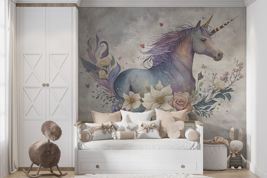 Un unicornio con flores y hojas