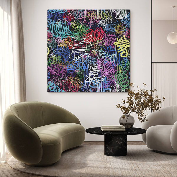 A colorful graffiti on a black background