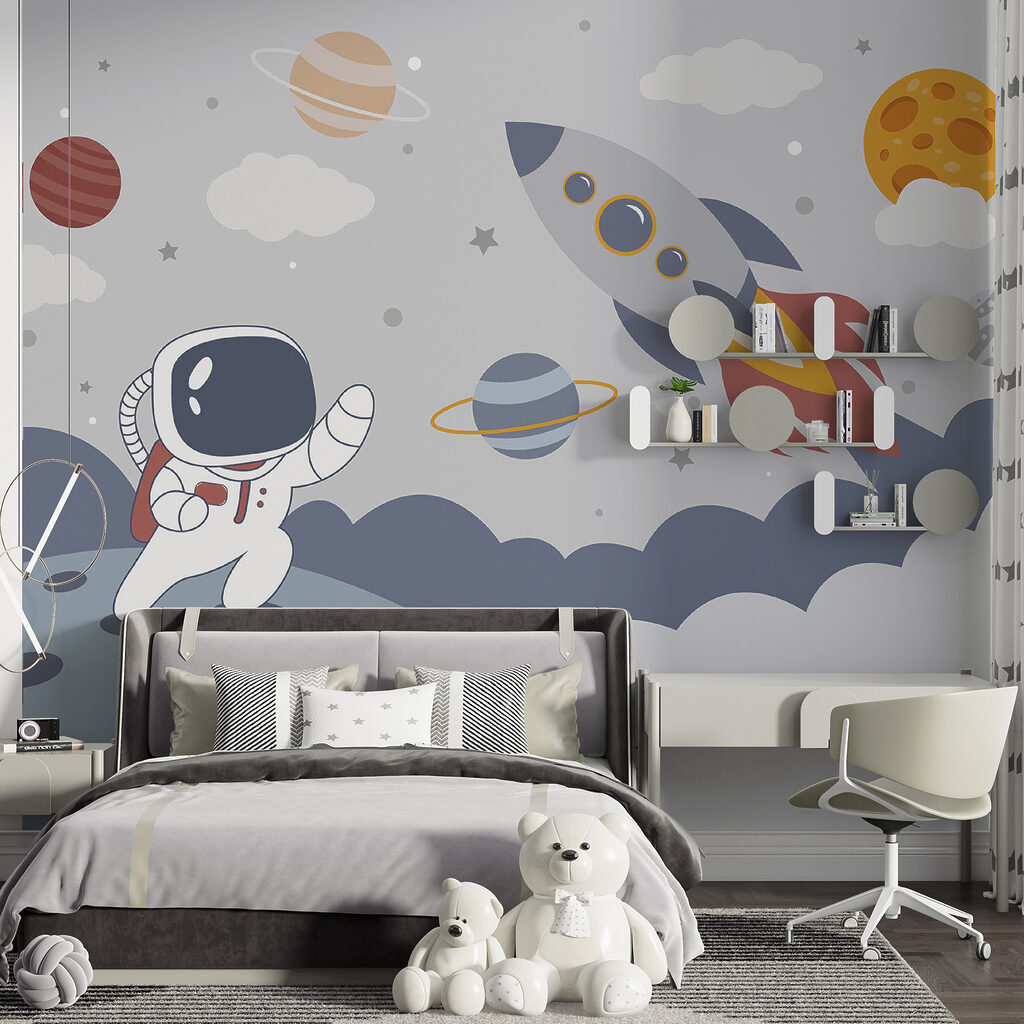 Cartoon an astronaut walking on a planet with a rocket in the sky