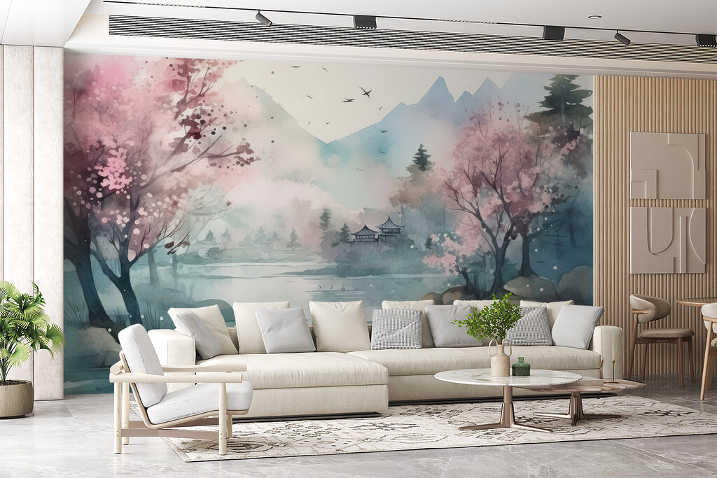 Watercolor painting of a lake with trees and mountains Watercolor painting of a lake with trees and mountains