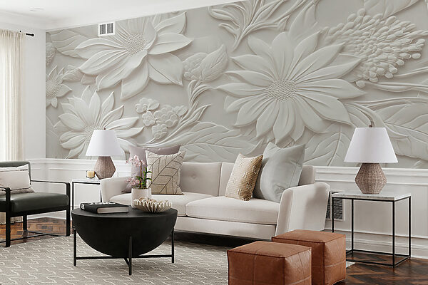 Pared blanca con flores y hojas Pared blanca con flores y hojas