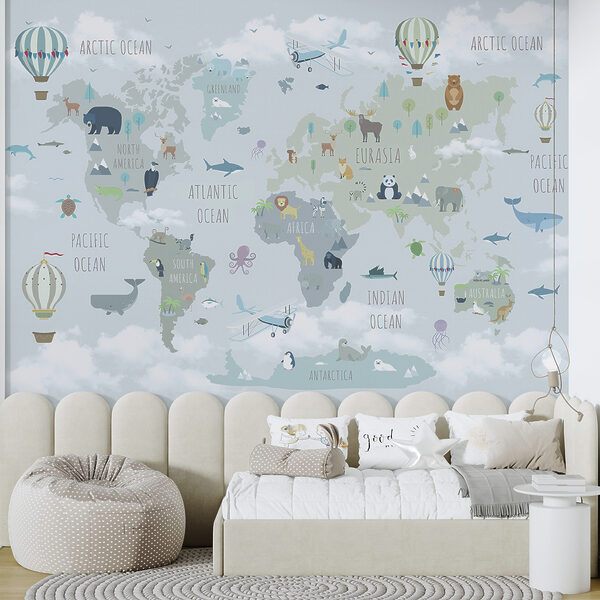 Map of the world with animals and birds