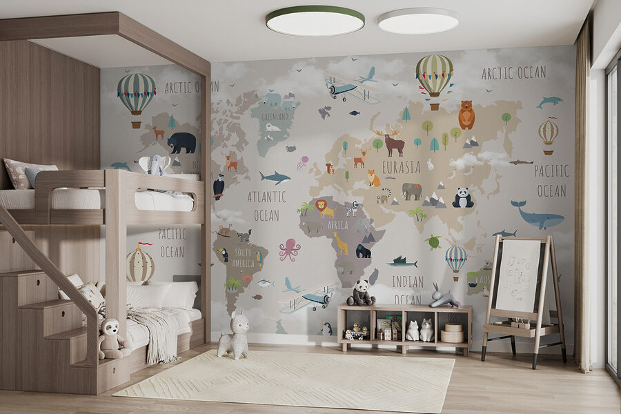 Mapa del mundo con animales y aves Mapa del mundo con animales y aves
