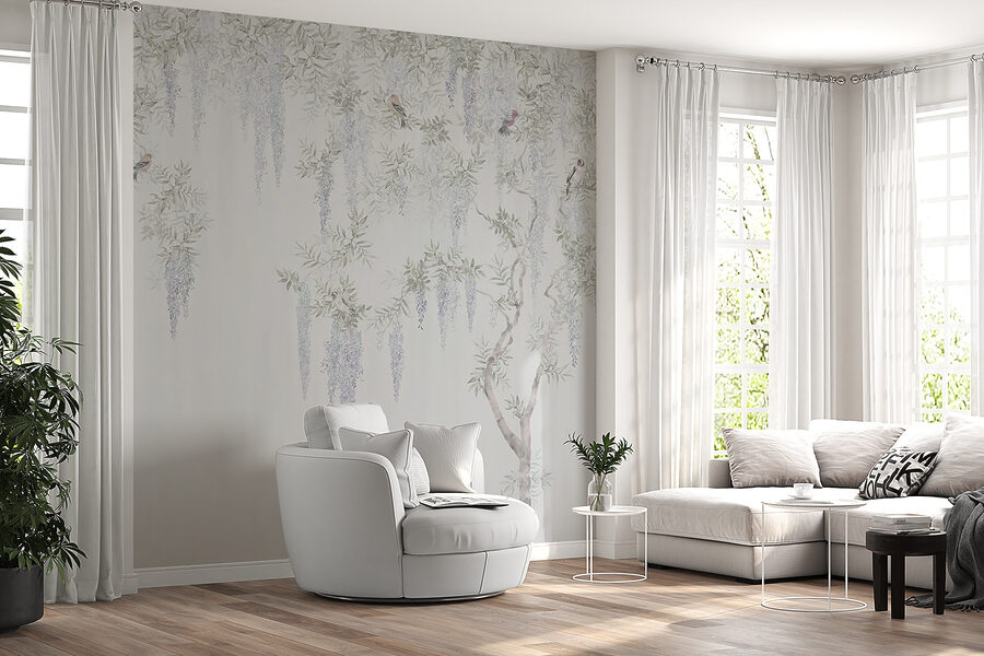 Papel pintado con flores y pájaros