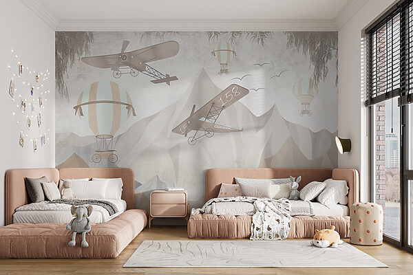 Painting of airplanes flying over mountains