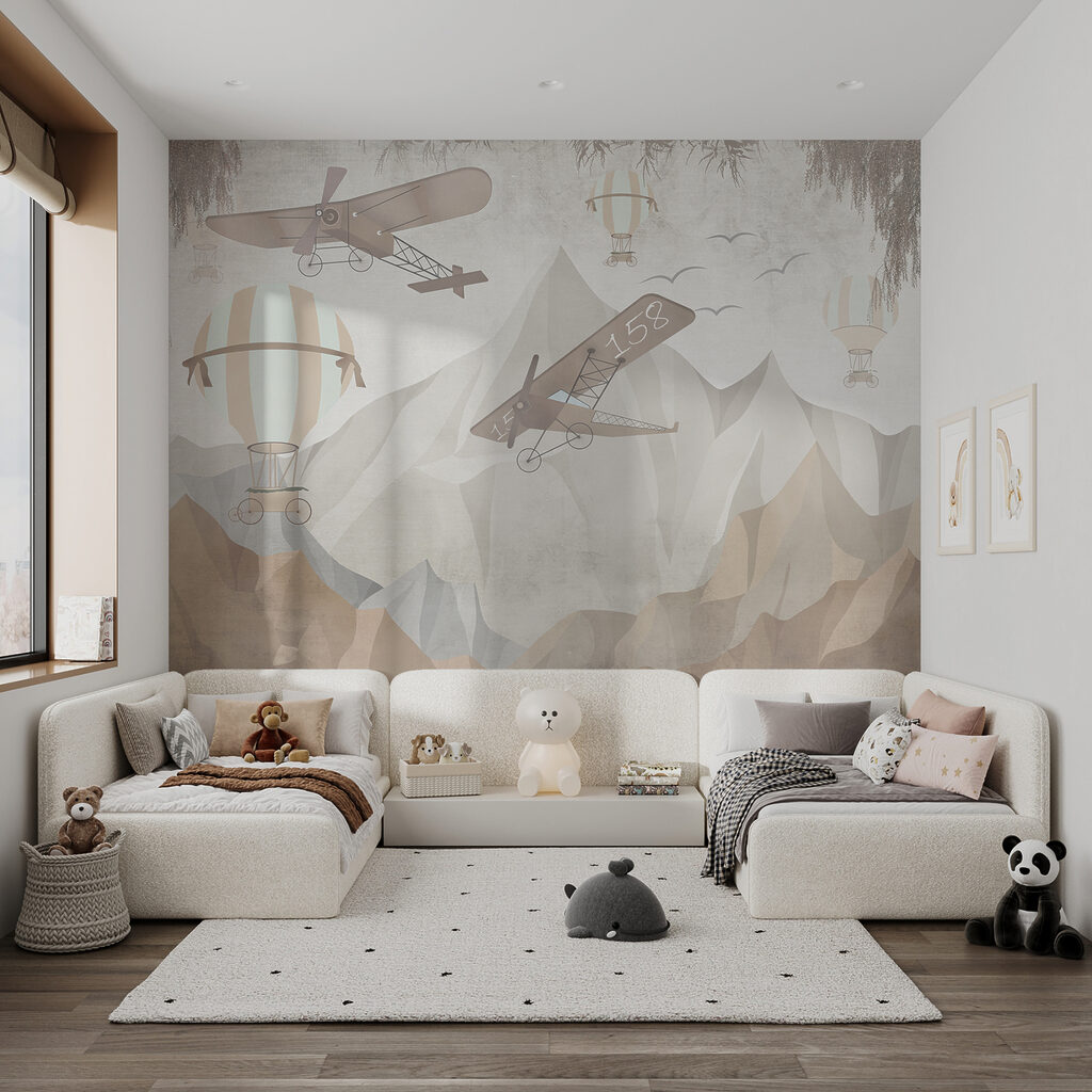 Painting of airplanes flying over mountains