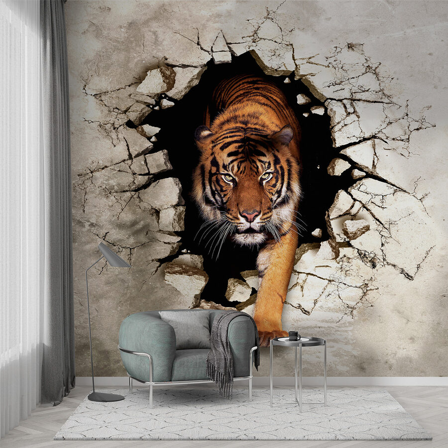 Tigre saliendo de un agujero en la pared