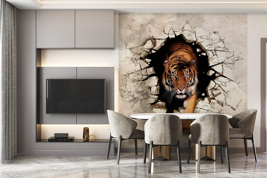 Tigre saliendo de un agujero en la pared