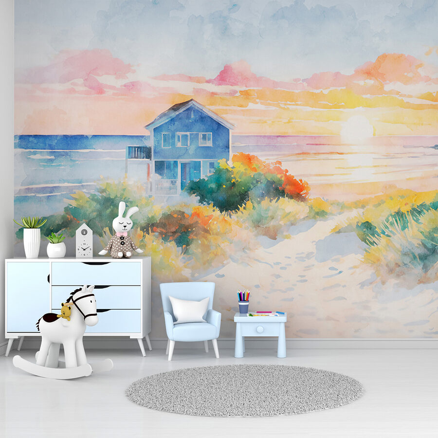 Acuarela de una casa y una playa