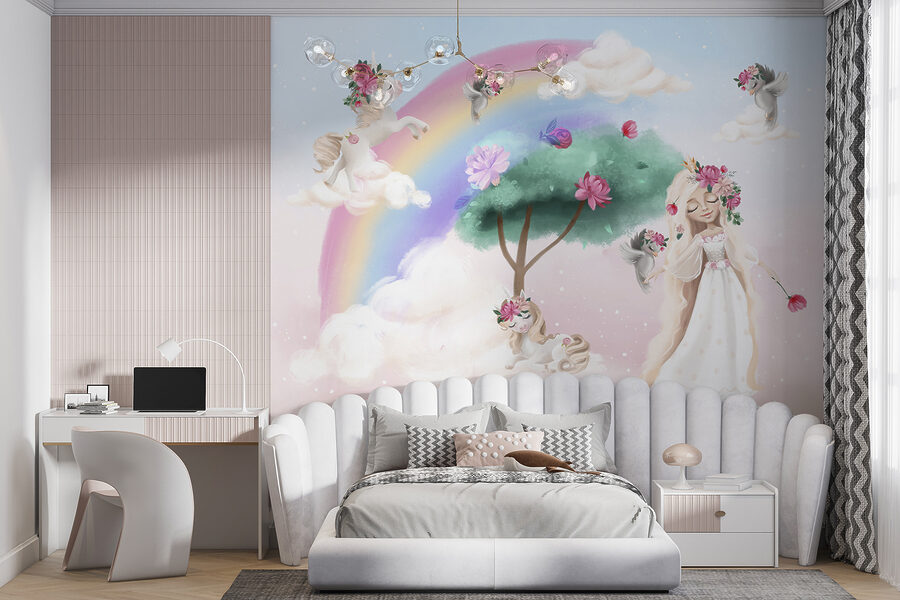 Dibujo animado de una niña con flores en el pelo y un arco iris