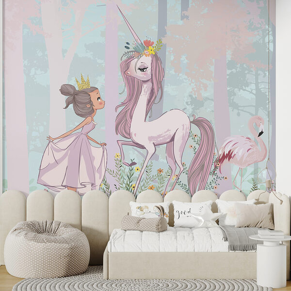 Dibujo animado de una niña y un unicornio en un bosque Dibujo animado de una niña y un unicornio en un bosque