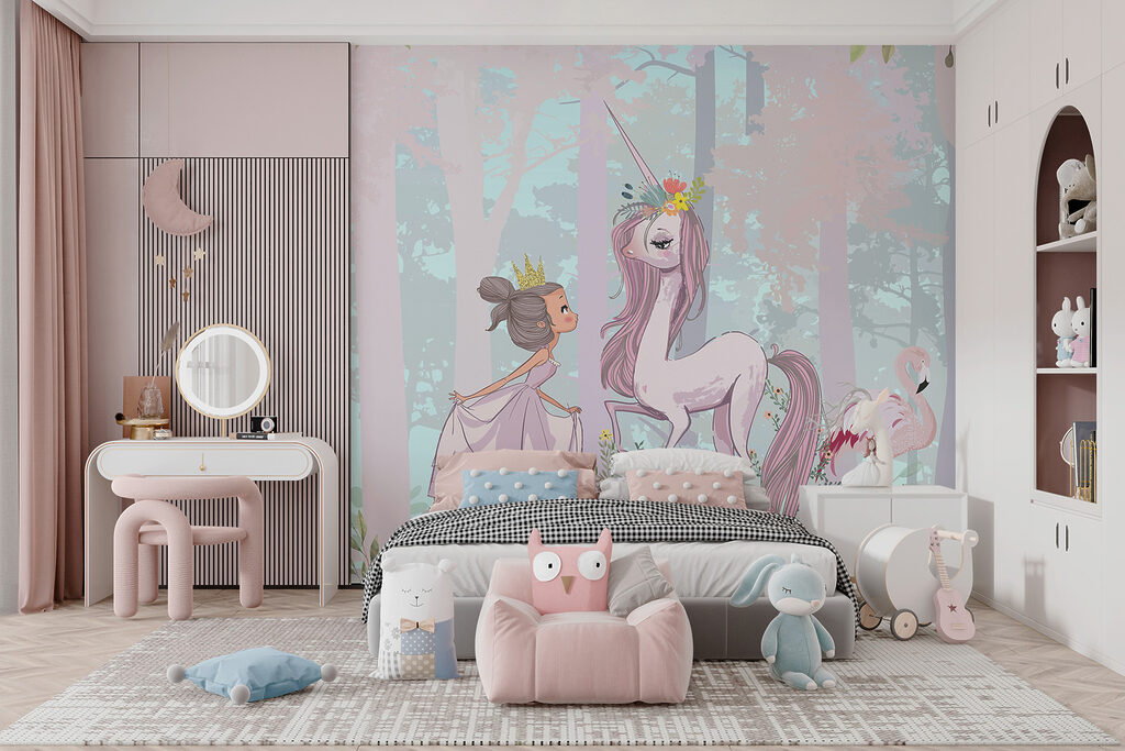 A cartoon of a girl and a unicorn in a forest