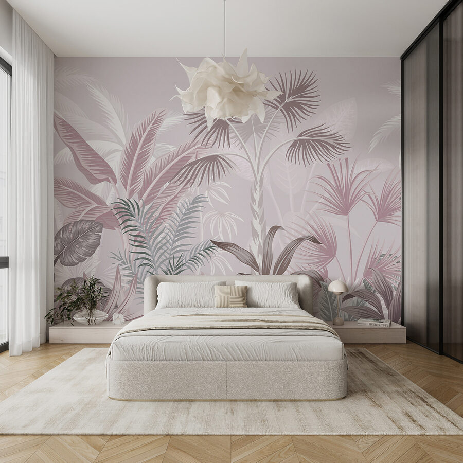 Follaje tropical en suaves tonos pastel.