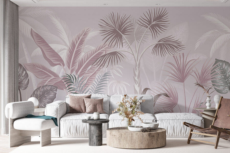 Follaje tropical en suaves tonos pastel.