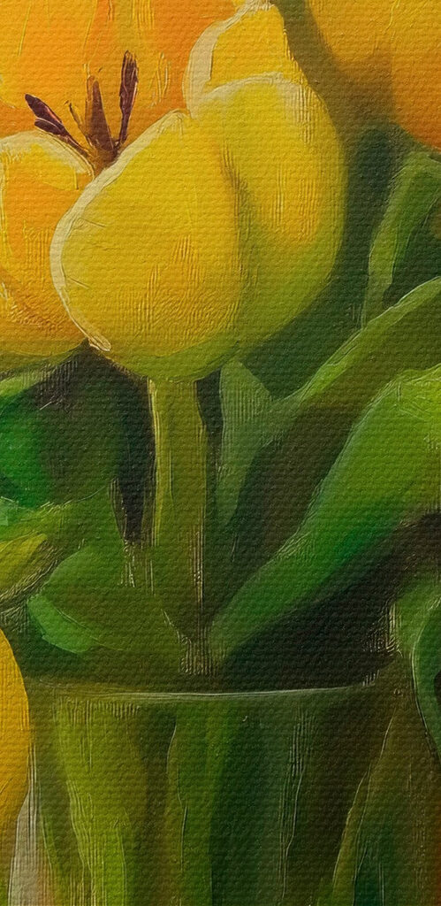 Painting of yellow tulips in a glass vase